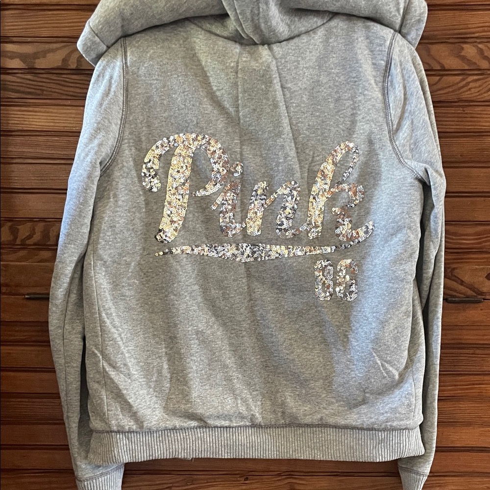 Gray Victoria Secret PINK bling sequin Zip Up Jacket w/ Leopard Print Fur Lining - Picture 5 of 7